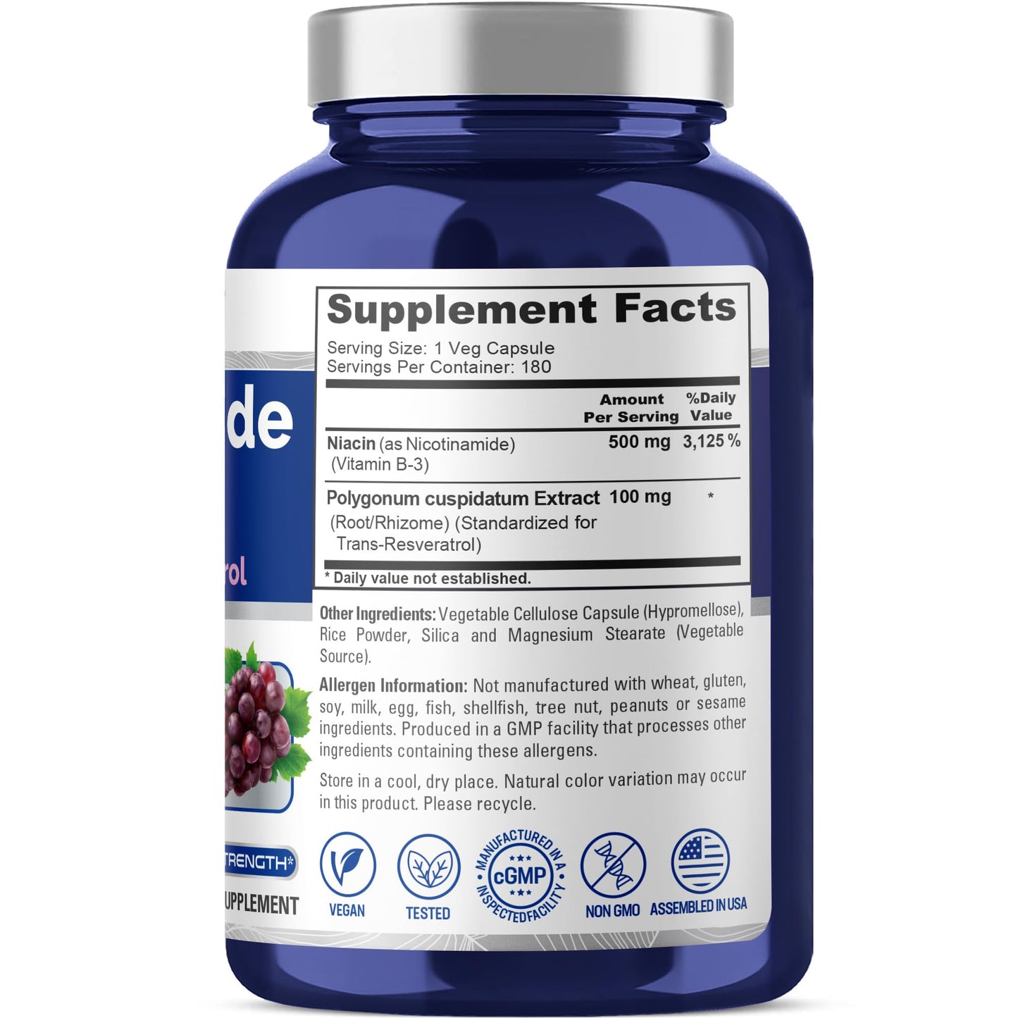 NusaPure Nicotinamide with Resveratrol (Vitamin B-3) 500 mg - 180 Vegetarian Caps (Non-GMO & Vegan) - Maple Wellness Supplements