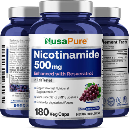 NusaPure Nicotinamide with Resveratrol (Vitamin B-3) 500 mg - 180 Vegetarian Caps (Non-GMO & Vegan) - Maple Wellness Supplements