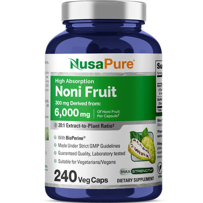NusaPure Noni Fruit 20:1 Extract, 300 mg Equivalent to 6,000 mg 240 Capsules Suitable for Vegetarian/Vegan, Non-GMO - Maple Wellness Supplements