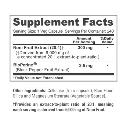 NusaPure Noni Fruit 20:1 Extract, 300 mg Equivalent to 6,000 mg 240 Capsules Suitable for Vegetarian/Vegan, Non-GMO - Maple Wellness Supplements