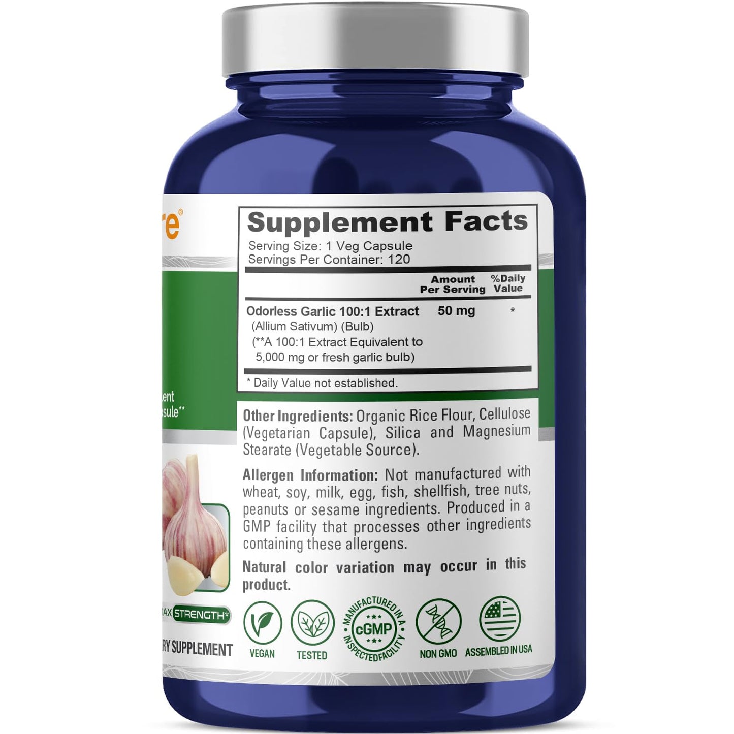 NusaPure Odorless Garlic 100:1 Extract, 50 mg Equivalent to 5000mg Capsule | 120 Veggie Caps | High Potency | Herbal Supplement | Non-GMO | Vegan - Maple Wellness Supplements