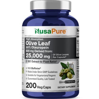 NusaPure Olive Leaf 20% Oleuropein 50:1 Extract, 500 mg Equivalent to 25,000 mg 200 Veg Caps Suitable for Vegetarians and Vegans, Non-GMO - Maple Wellness Supplements