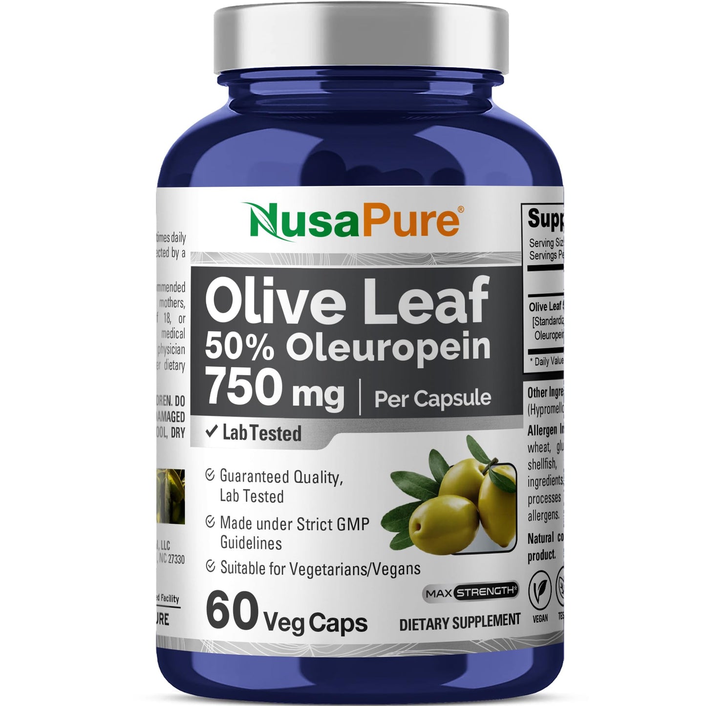 NusaPure Olive Leaf Extract 750 mg - 50% Oleuropein - Vegan and Vegetarian Non-GMO - Super Strength - No Oil - 60 Capsules - Maple Wellness Supplements