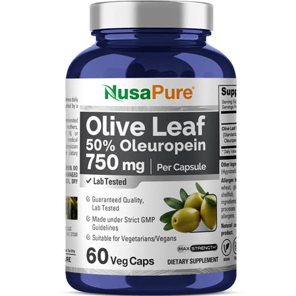NusaPure Olive Leaf Extract 750 mg - 50% Oleuropein - Vegan and Vegetarian Non-GMO - Super Strength - No Oil - 60 Capsules - Maple Wellness Supplements