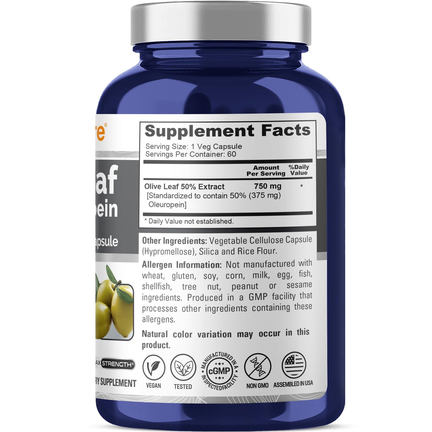 NusaPure Olive Leaf Extract 750 mg - 50% Oleuropein - Vegan and Vegetarian Non-GMO - Super Strength - No Oil - 60 Capsules - Maple Wellness Supplements