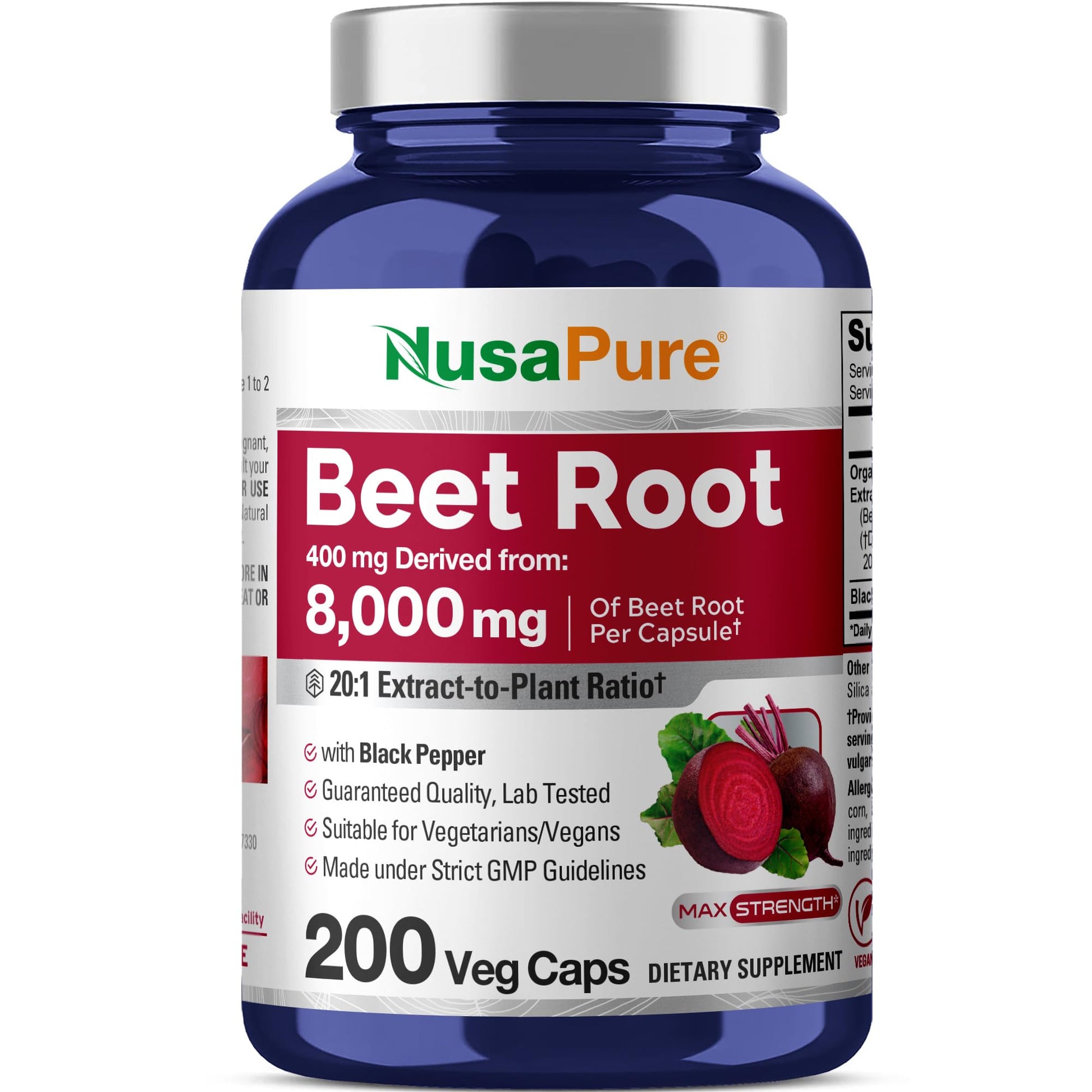 NusaPure Organic Beet Root 20:1 Extract, 400 mg Equivalent to 8,000 mg - Black Pepper 4:1 Extract, 10 mg - 200 Veggie caps (Vegan, Non-GMO) - Maple Wellness Supplements