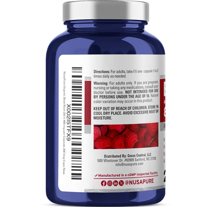 NusaPure Organic Beet Root 20:1 Extract, 400 mg Equivalent to 8,000 mg - Black Pepper 4:1 Extract, 10 mg - 200 Veggie caps (Vegan, Non-GMO) - Maple Wellness Supplements