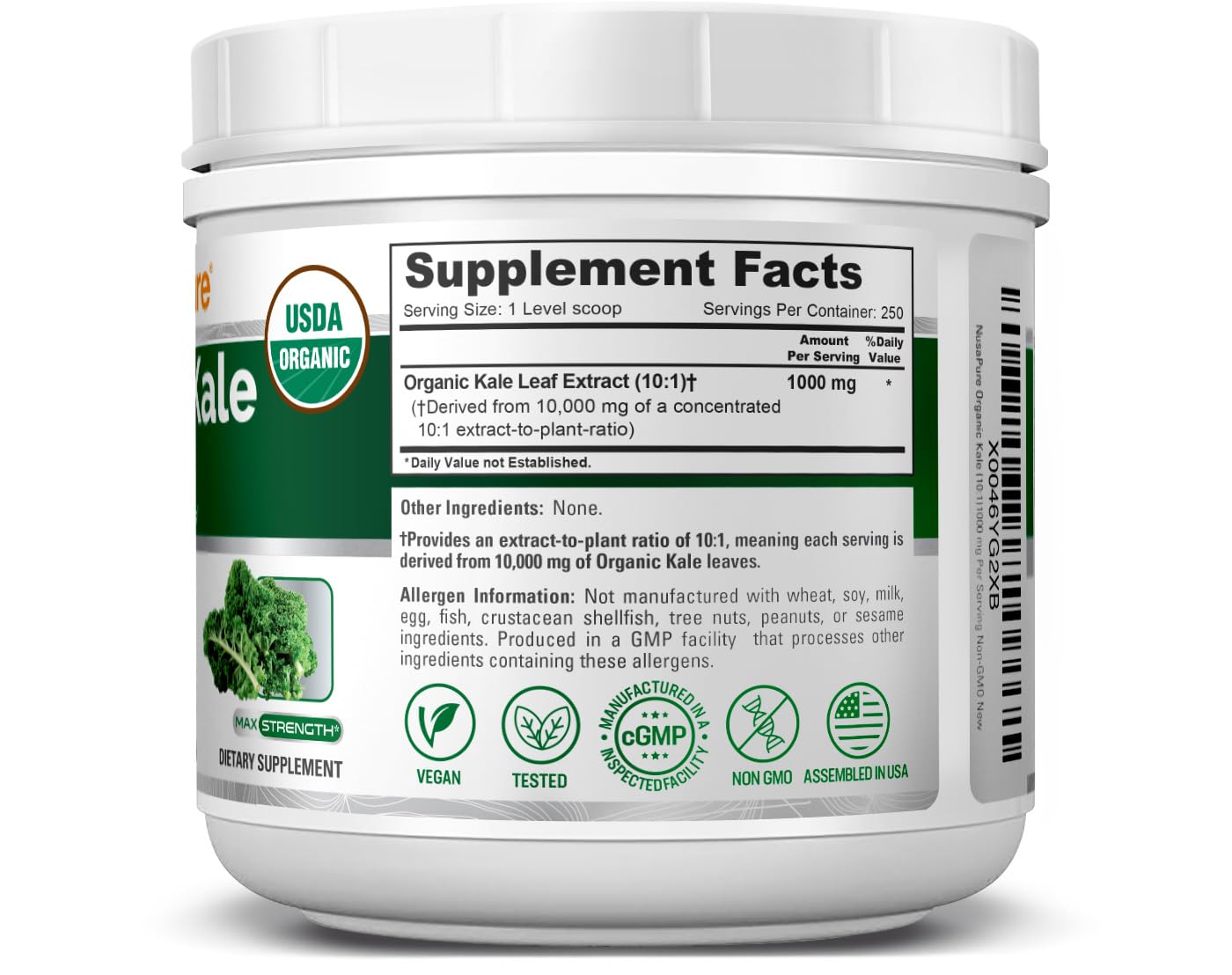 NusaPure Organic Kale Powder Extract 10:1 - Suitable for Vegetarian/Vegan, Non- GMO - 10,000 mg - 250 Capsules - Maple Wellness Supplements