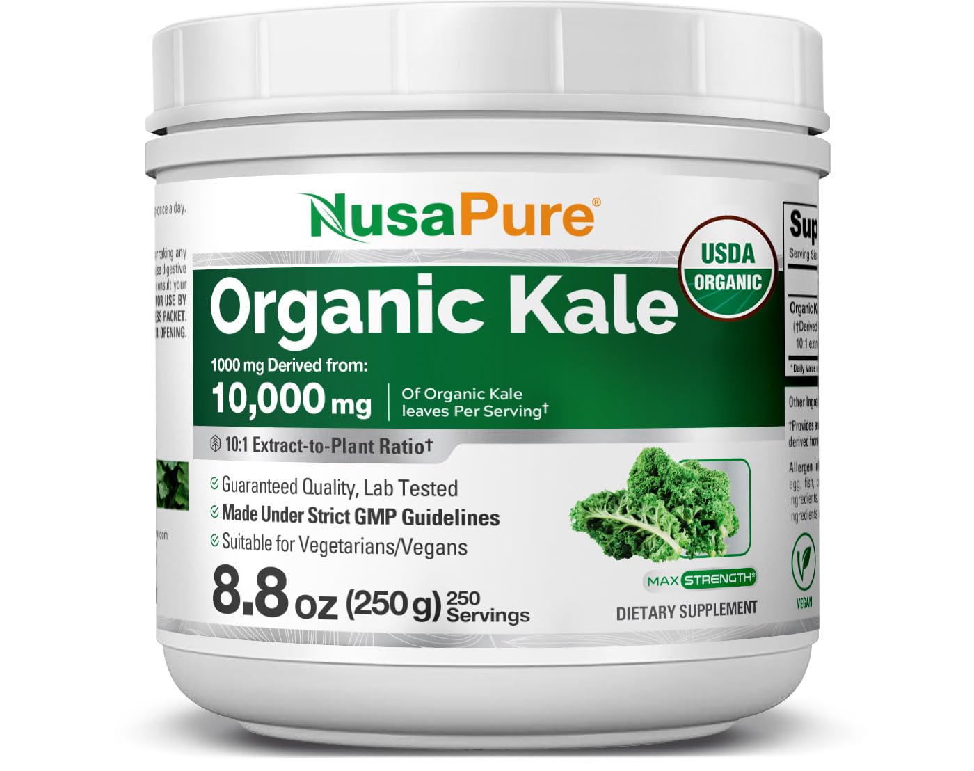 NusaPure Organic Kale Powder Extract 10:1 - Suitable for Vegetarian/Vegan, Non- GMO - 10,000 mg - 250 Capsules - Maple Wellness Supplements