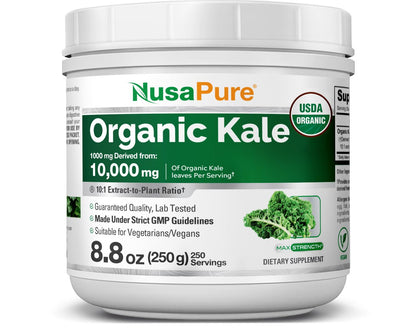 NusaPure Organic Kale Powder Extract 10:1 - Suitable for Vegetarian/Vegan, Non- GMO - 10,000 mg - 250 Capsules - Maple Wellness Supplements
