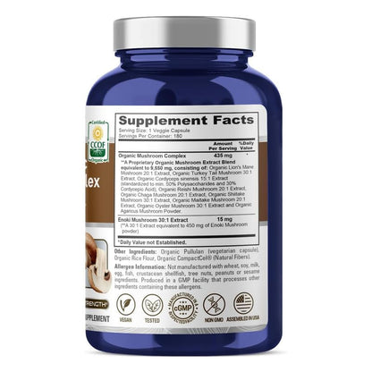 NusaPure Organic Mushroom Complex 10,000mg per Capsule, 180 Veggie Caps, Non-GMO, Enoki, Turkey Tail, Reishi, Chaga, Maitake - Maple Wellness Supplements