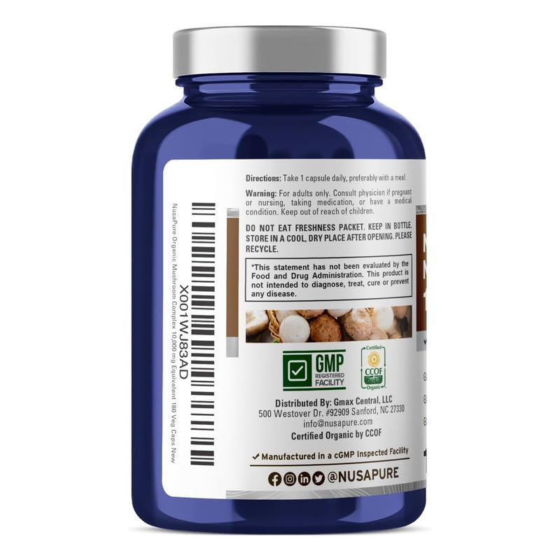 NusaPure Organic Mushroom Complex 10,000mg per Capsule, 180 Veggie Caps, Non-GMO, Enoki, Turkey Tail, Reishi, Chaga, Maitake - Maple Wellness Supplements