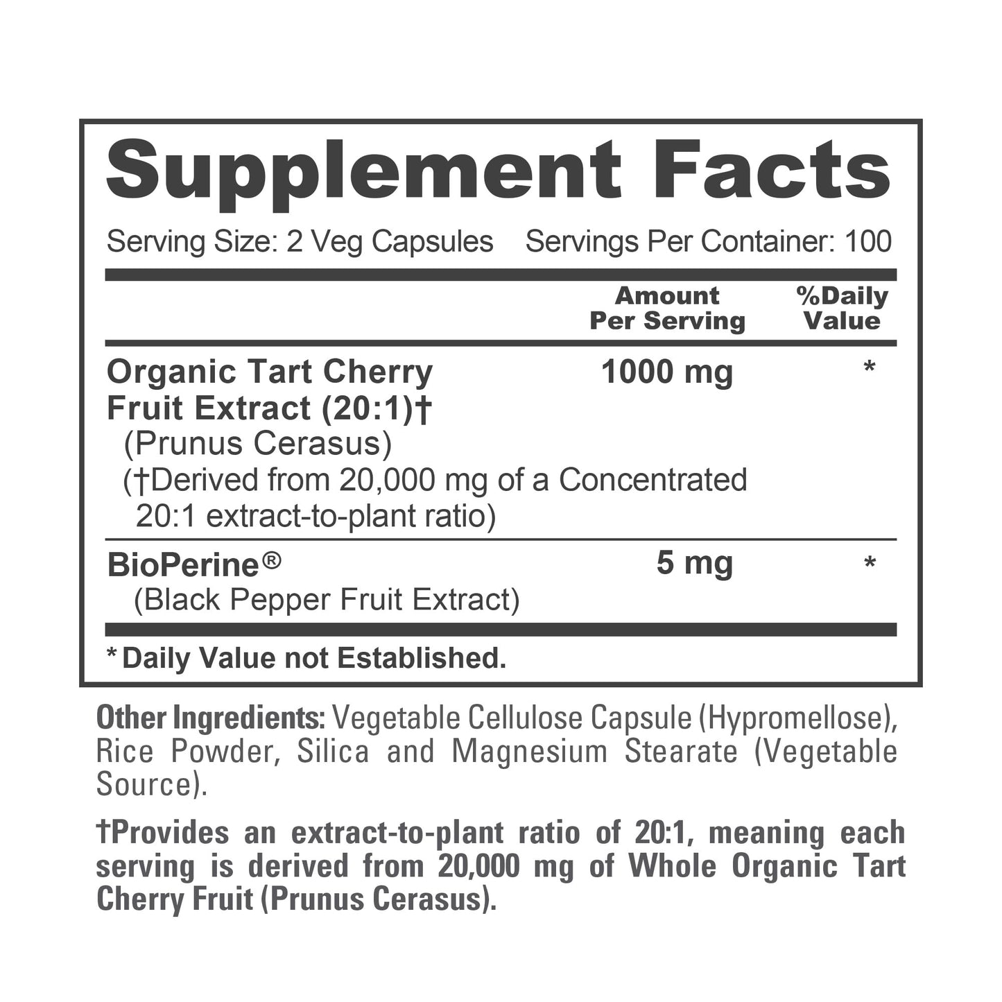 NusaPure Organic Tart Cherry 20:1 Extract, 1000 mg Equivalent to 20,000 mg 200 Veggie Caps (Vegan, Non-GMO) Bioperine - Maple Wellness Supplements