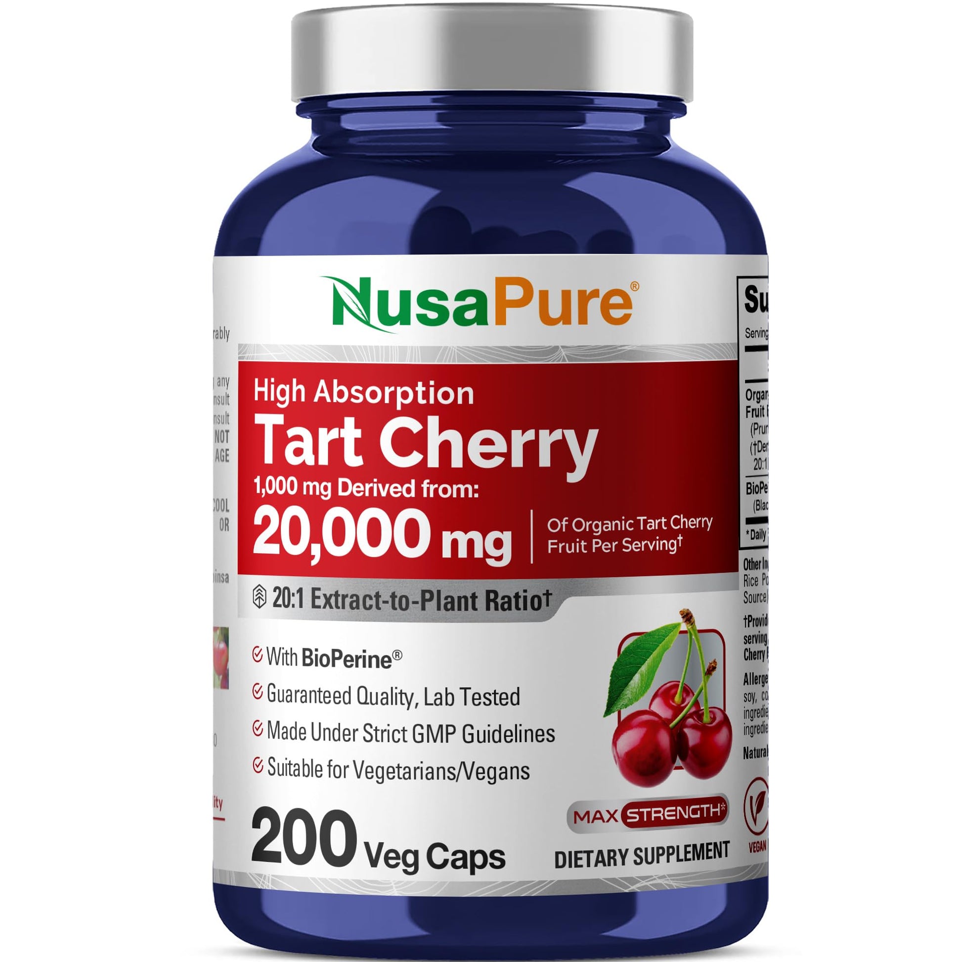 NusaPure Organic Tart Cherry 20:1 Extract, 1000 mg Equivalent to 20,000 mg 200 Veggie Caps (Vegan, Non-GMO) Bioperine - Maple Wellness Supplements