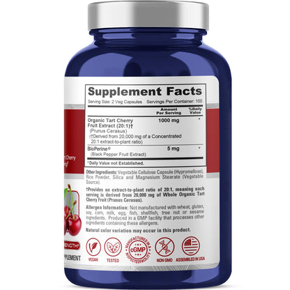 NusaPure Organic Tart Cherry 20:1 Extract, 1000 mg Equivalent to 20,000 mg 200 Veggie Caps (Vegan, Non-GMO) Bioperine - Maple Wellness Supplements