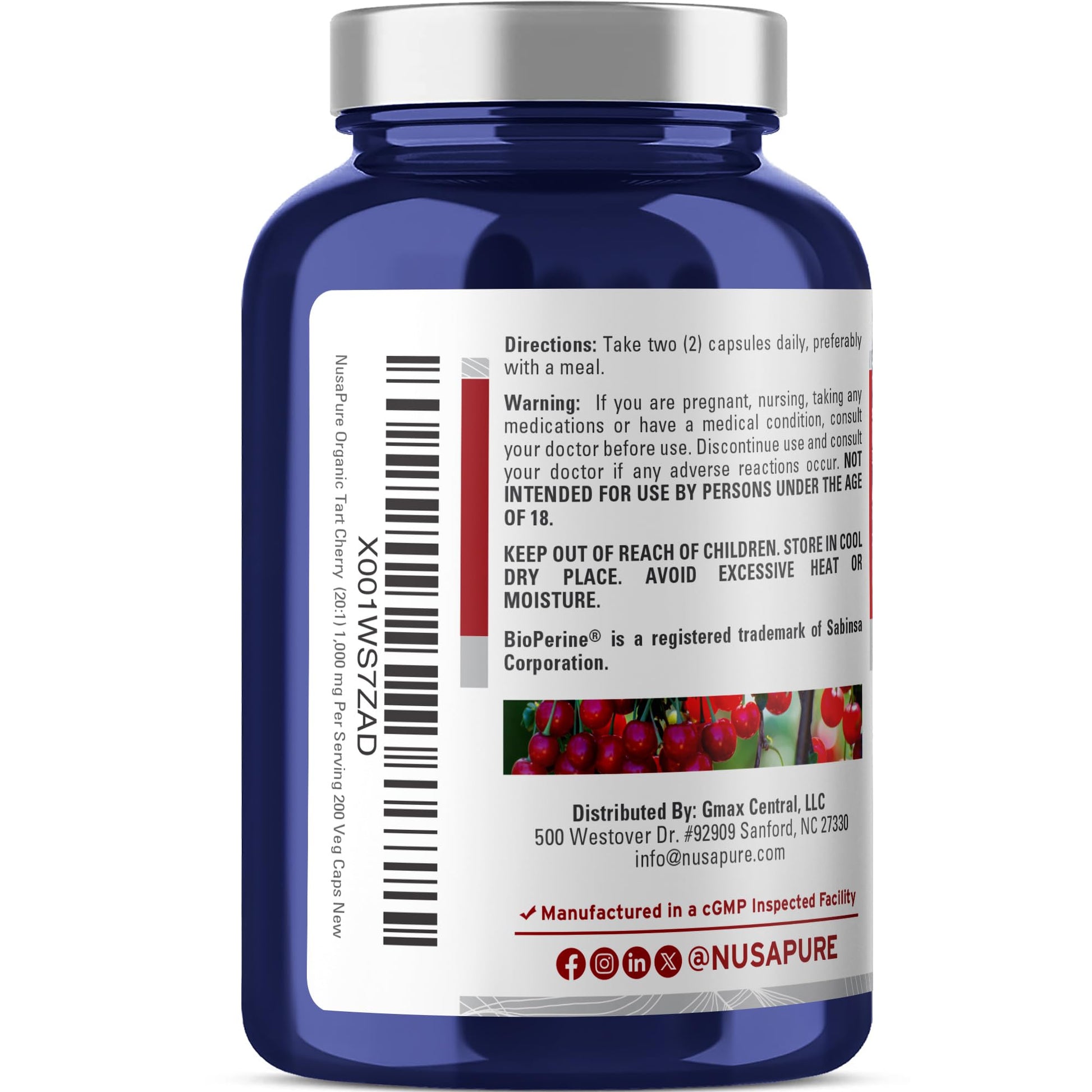 NusaPure Organic Tart Cherry 20:1 Extract, 1000 mg Equivalent to 20,000 mg 200 Veggie Caps (Vegan, Non-GMO) Bioperine - Maple Wellness Supplements