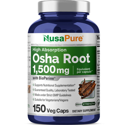 NusaPure OSHA Root Extract 1500 mg per Vegan Caps - 150 Count (10:1 Extract, Non-GMO, Vegan, Bioperine) Ligusticum Porteri - Maple Wellness Supplements