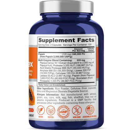 NusaPure Papaya Papain Enzyme Complex 240,000 PU - 200 Veggie Caps - Suitable for Vegetarian, Vegan Non-GMO - Maple Wellness Supplements