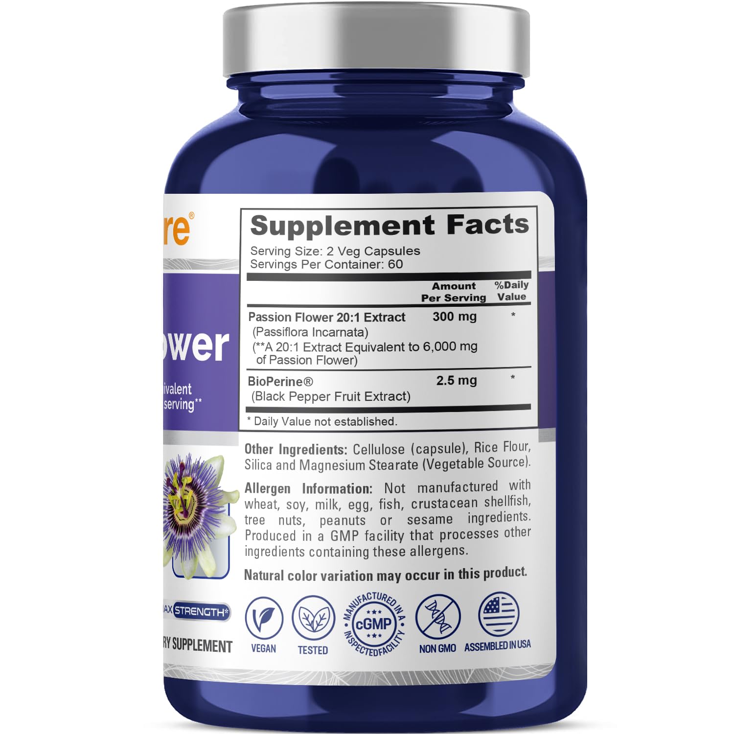 NusaPure Passion Flower 20:1 Extract, 300 mg Equivalent to 6,000mg, 120 Veggie Caps, Non-GMO, Bioperine, & Vegan Extract Supplement - Maple Wellness Supplements