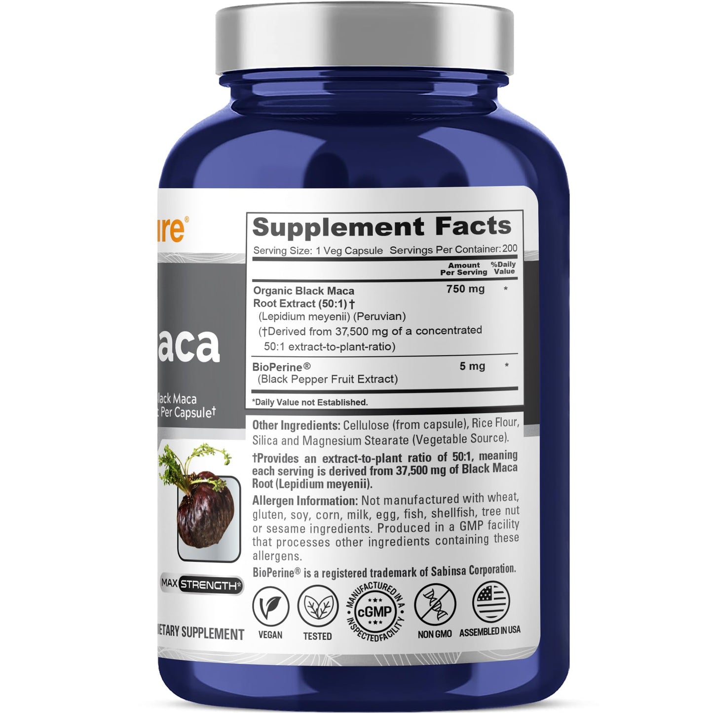 NusaPure Peruvian Black Maca Root Extract 50:1 - Suitable for Vegetarian/Vegan, Non - GMO - 37500 mg - 200 Capsules - Maple Wellness Supplements