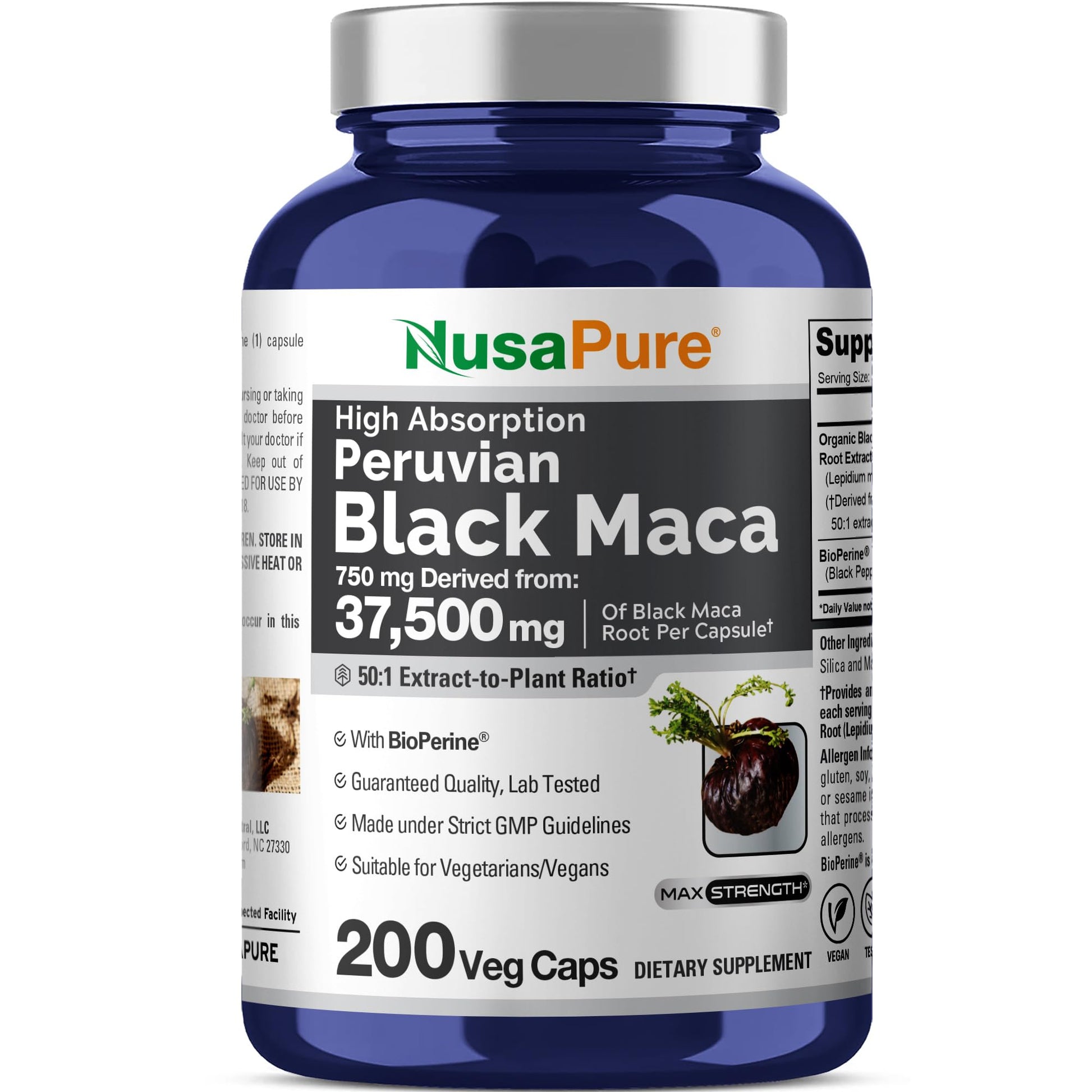 NusaPure Peruvian Black Maca Root Extract 50:1 - Suitable for Vegetarian/Vegan, Non - GMO - 37500 mg - 200 Capsules - Maple Wellness Supplements