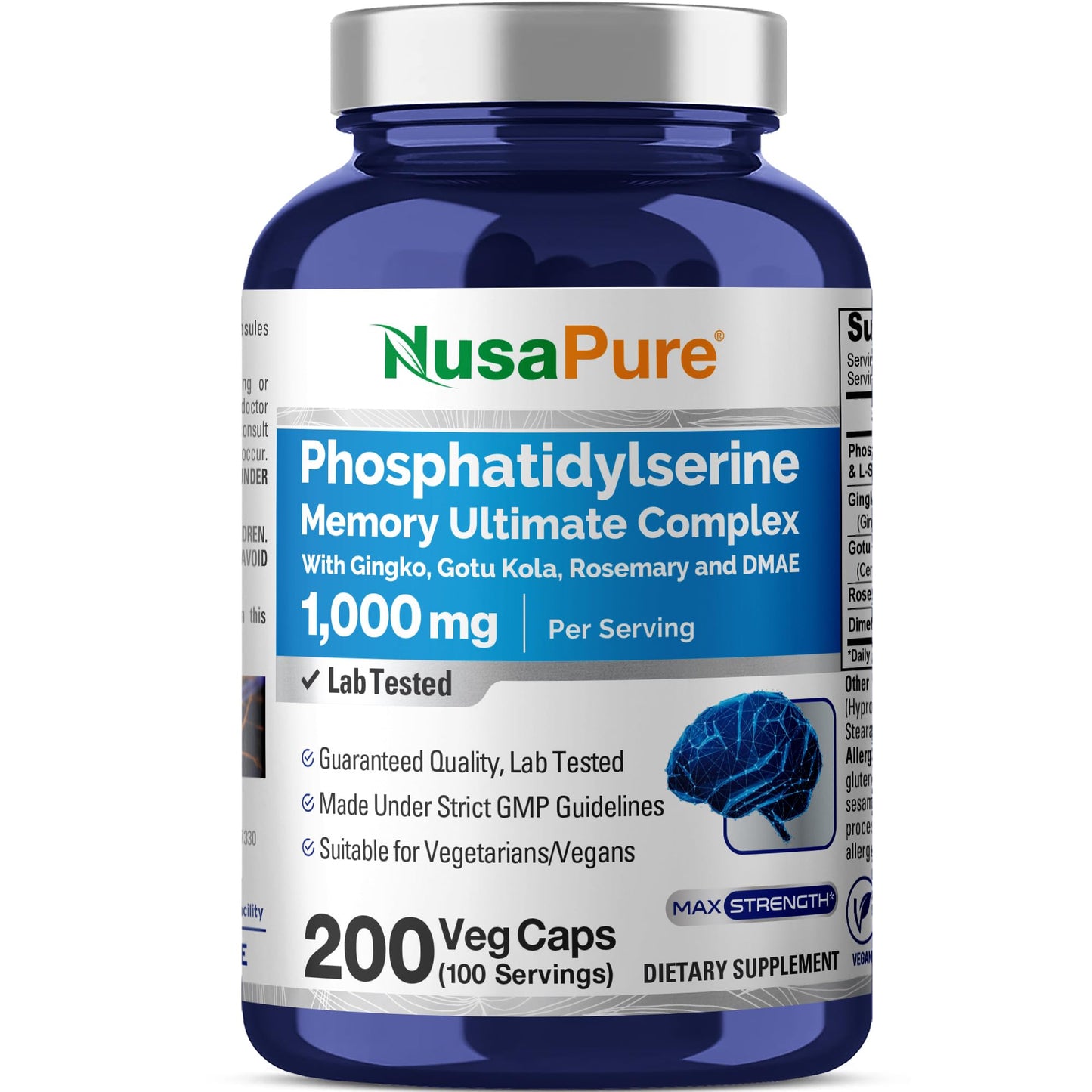 NusaPure Phosphatidylserine Memory Ultimate Complex 1000mg 200 Vegetarian Caps (Vegan, Non-GMO) - Maple Wellness Supplements