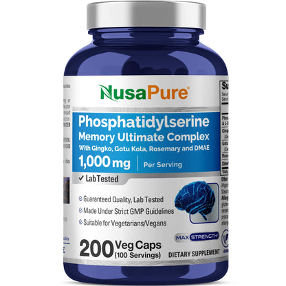 NusaPure Phosphatidylserine Memory Ultimate Complex 1000mg 200 Vegetarian Caps (Vegan, Non-GMO) - Maple Wellness Supplements