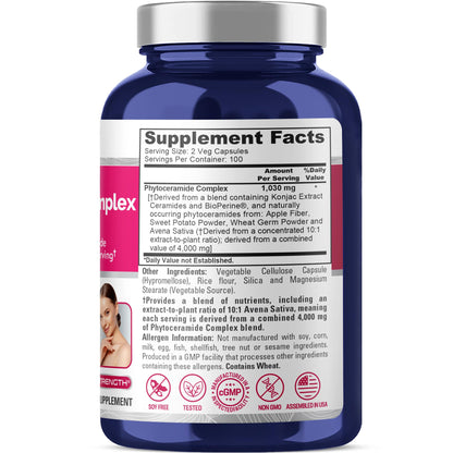 NusaPure Phytoceramide Complex 10:1 Extract, 1030 mg Equivalent to 4000 mg 200 Veggie Capsules (Non-GMO) Bioperine - Maple Wellness Supplements