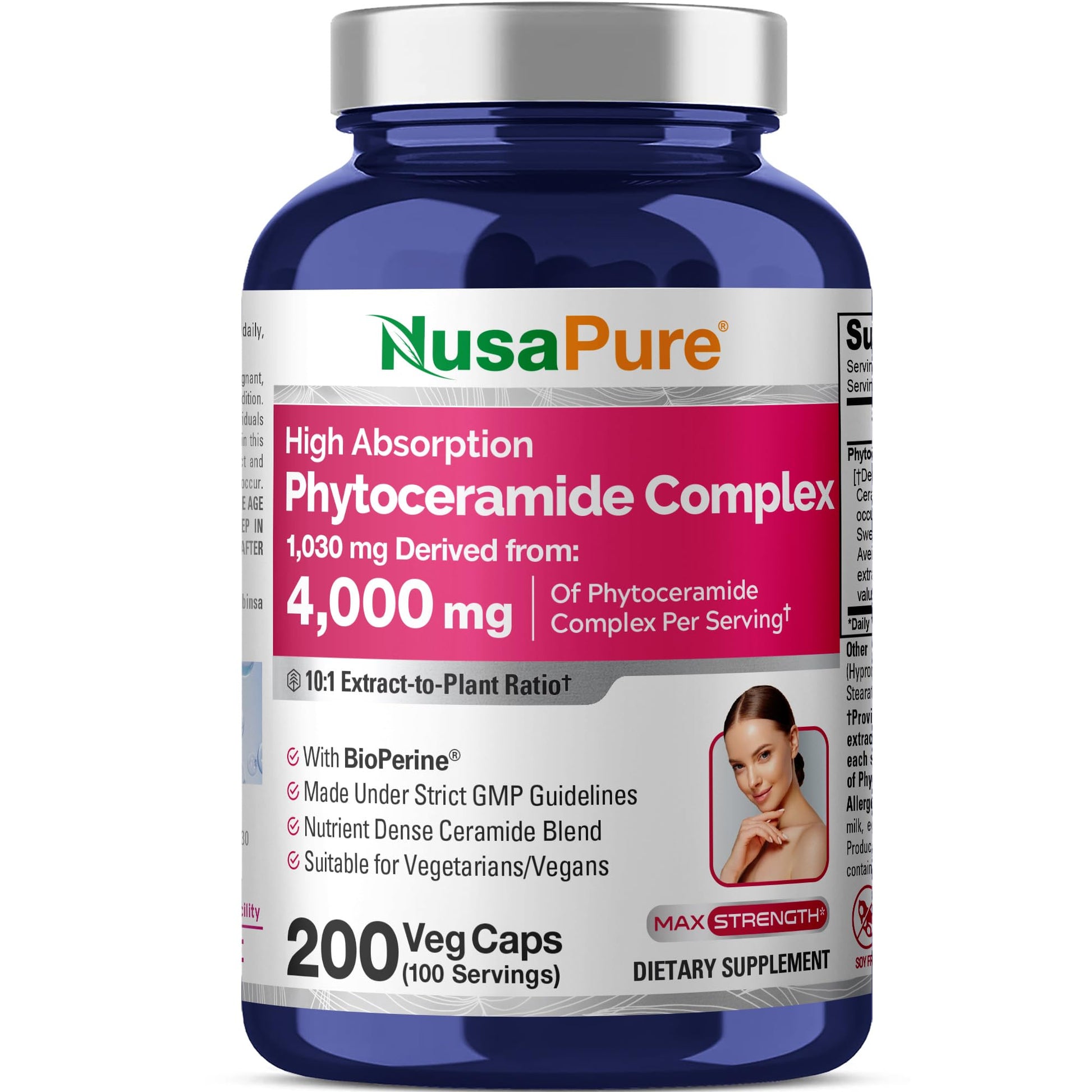 NusaPure Phytoceramide Complex 10:1 Extract, 1030 mg Equivalent to 4000 mg 200 Veggie Capsules (Non-GMO) Bioperine - Maple Wellness Supplements