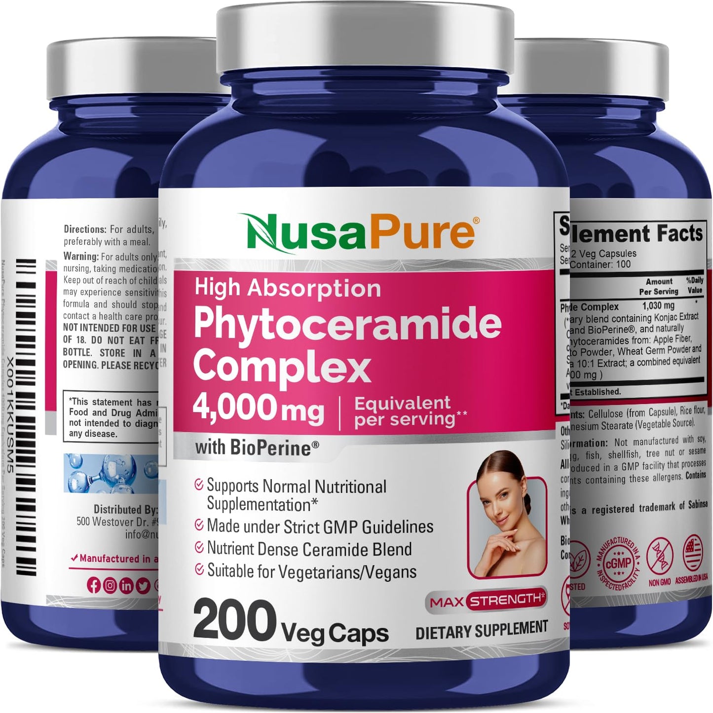NusaPure Phytoceramide Complex 10:1 Extract, 1030 mg Equivalent to 4000 mg 200 Veggie Capsules (Non-GMO) Bioperine - Maple Wellness Supplements