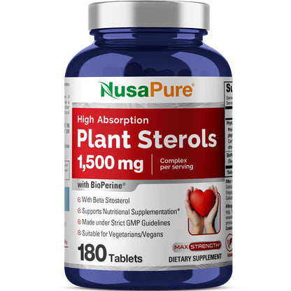 NusaPure Plant Sterols 1500 mg - 180 Tablets (Non-GMO, Vegan) Beta Sitosterol, Bioperine - Maple Wellness Supplements