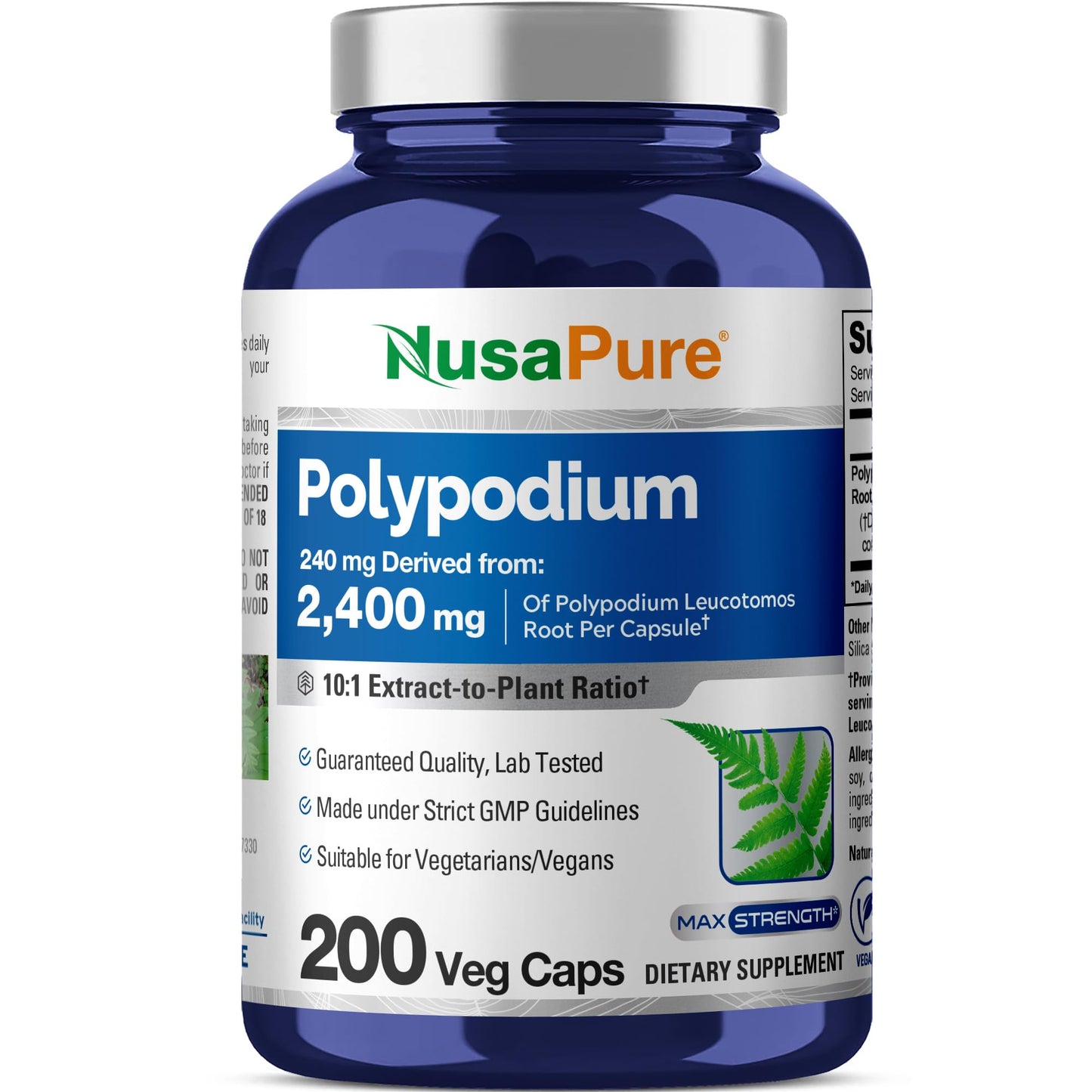 NusaPure Polypodium Leucotomos 10:1 Extract, 240 mg Equivalent to 2400mg 200 Veggie Capsules (Vegetarian, Non-GMO, Vegan) - Maple Wellness Supplements