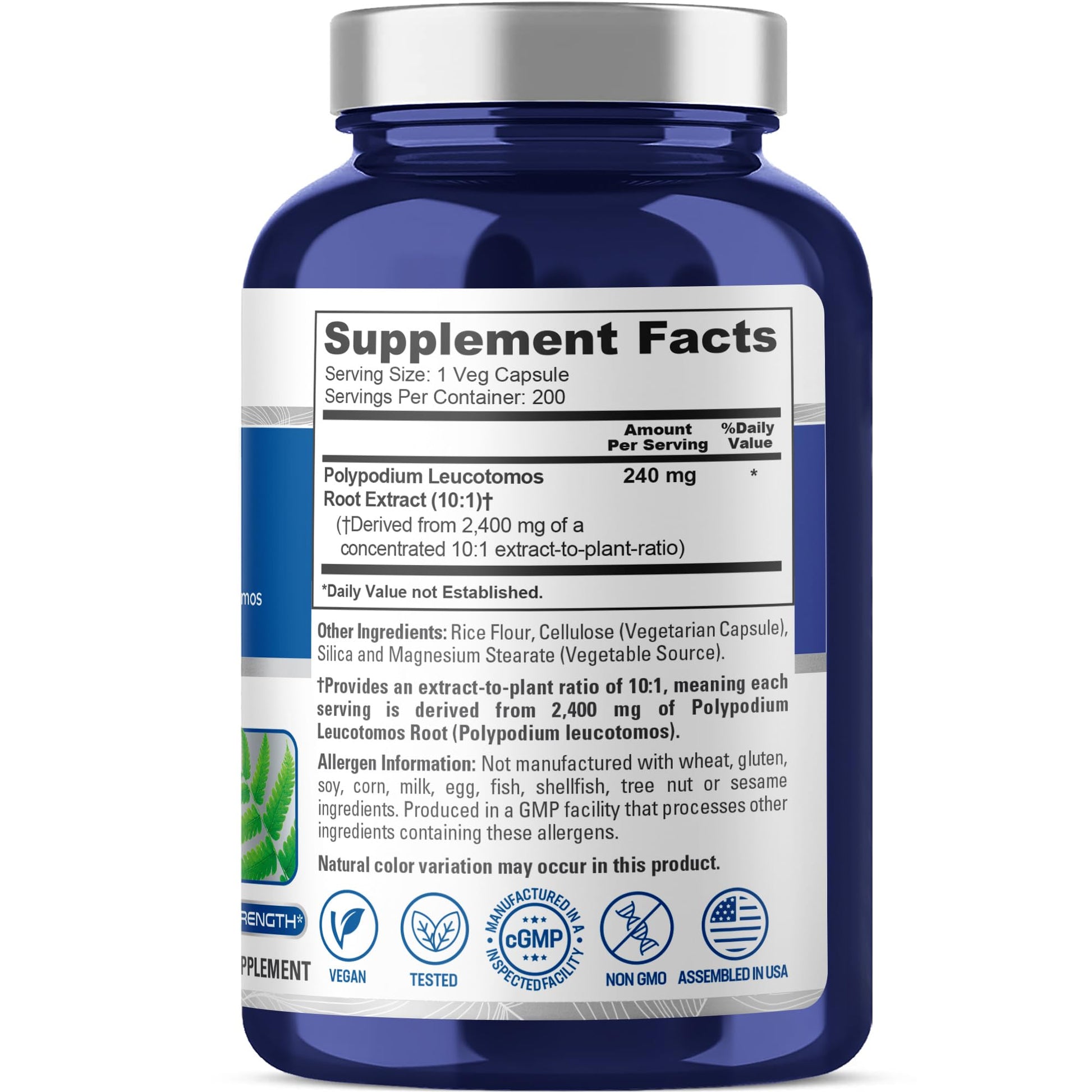 NusaPure Polypodium Leucotomos 10:1 Extract, 240 mg Equivalent to 2400mg 200 Veggie Capsules (Vegetarian, Non-GMO, Vegan) - Maple Wellness Supplements