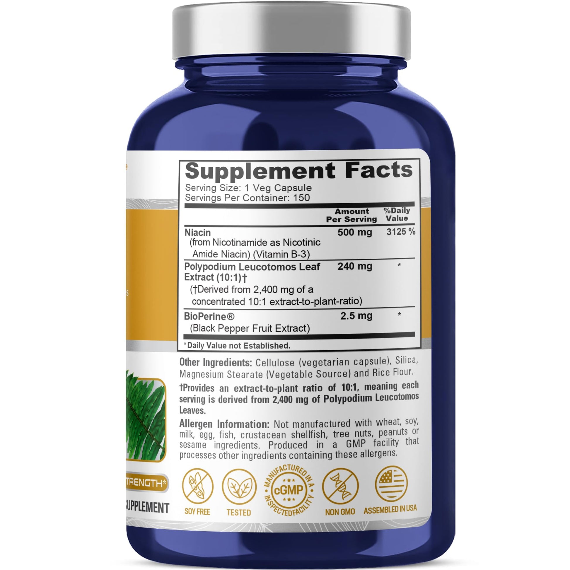 NusaPure Polypodium Nicotinamide 10:1 Extract, 240 mg Equivalent to 2,400 mg per Veg Caps - 150 Count (Non-GMO, Soyfree, Bioperine) - Maple Wellness Supplements