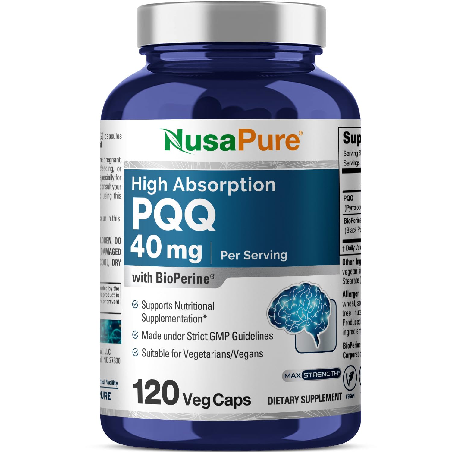 NusaPure PQQ Supplement 40 mg, 120 Veggie Capsules, Non-GMO, Pyrroloquinoline Quinone Disodium Salt, Bioperine & Vegan - Maple Wellness Supplements