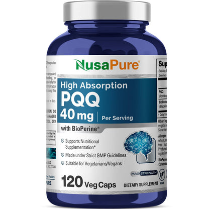 NusaPure PQQ Supplement 40 mg, 120 Veggie Capsules, Non-GMO, Pyrroloquinoline Quinone Disodium Salt, Bioperine & Vegan - Maple Wellness Supplements