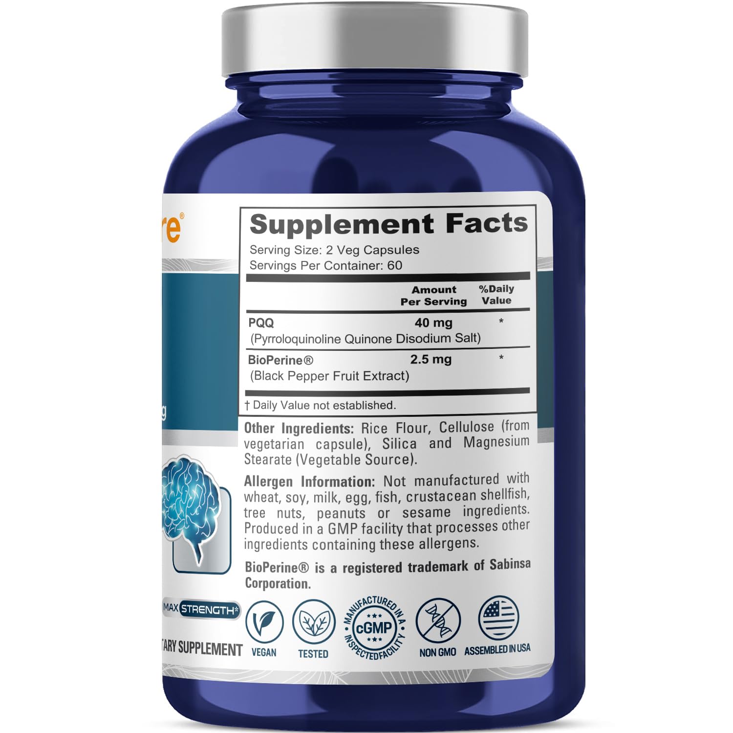 NusaPure PQQ Supplement 40 mg, 120 Veggie Capsules, Non-GMO, Pyrroloquinoline Quinone Disodium Salt, Bioperine & Vegan - Maple Wellness Supplements