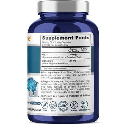 NusaPure PQQ Supplement 40 mg, 120 Veggie Capsules, Non-GMO, Pyrroloquinoline Quinone Disodium Salt, Bioperine & Vegan - Maple Wellness Supplements