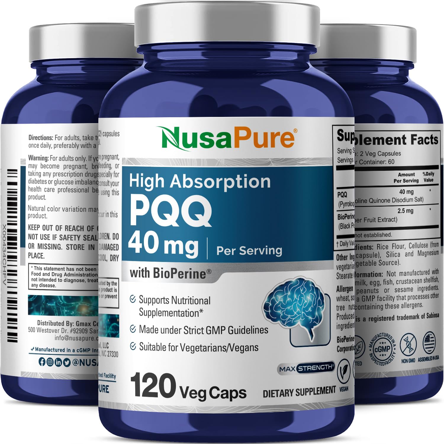NusaPure PQQ Supplement 40 mg, 120 Veggie Capsules, Non-GMO, Pyrroloquinoline Quinone Disodium Salt, Bioperine & Vegan - Maple Wellness Supplements