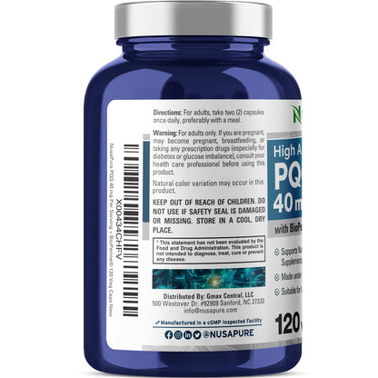 NusaPure PQQ Supplement 40 mg, 120 Veggie Capsules, Non-GMO, Pyrroloquinoline Quinone Disodium Salt, Bioperine & Vegan - Maple Wellness Supplements