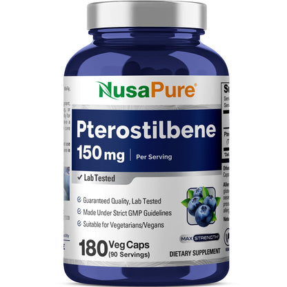 NusaPure Pterostilbene 150mg 180 Veggie Caps (Non-GMO, Vegan) - Maple Wellness Supplements
