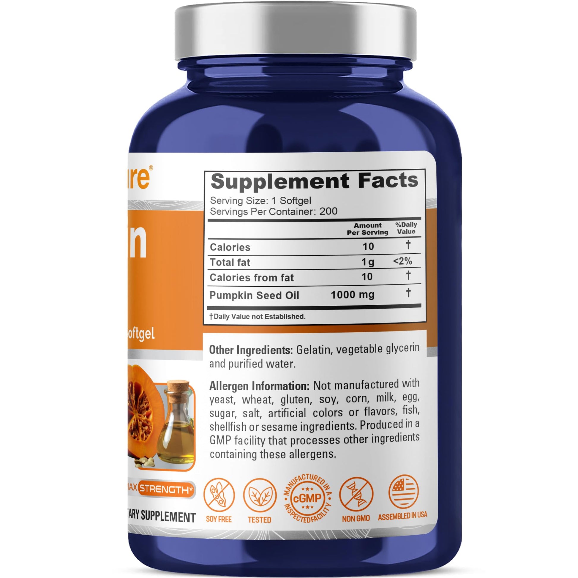 NusaPure Pumpkin Seed Oil 1000mg 200 Softgel Capsules (Non-GMO, Soyfree) Naturally Occurring Phytosterols - Maple Wellness Supplements