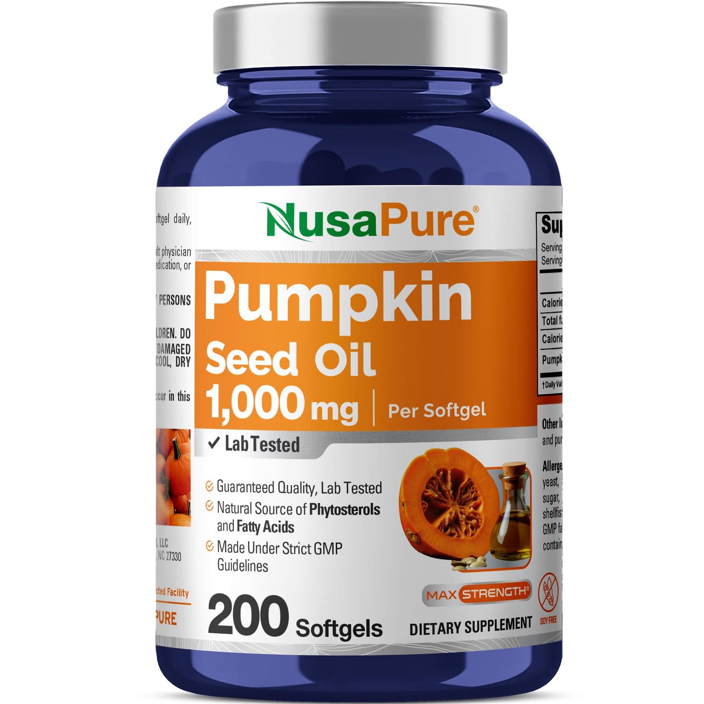 NusaPure Pumpkin Seed Oil 1000mg 200 Softgel Capsules (Non-GMO, Soyfree) Naturally Occurring Phytosterols - Maple Wellness Supplements