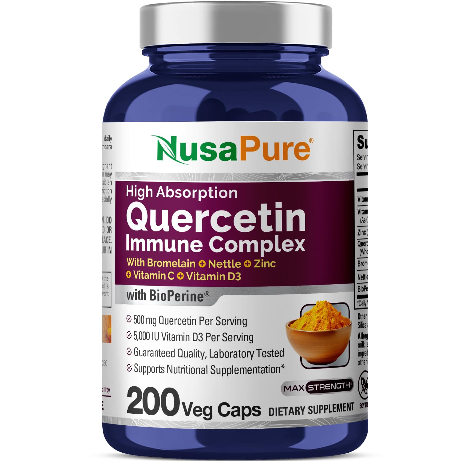 NusaPure Quercetin Complex: Bromelain, Vitamin C, Vitamin D3, Stinging Nettle, Zinc | 200 Veggie Caps (Non-GMO, Bioperine) - Maple Wellness Supplements