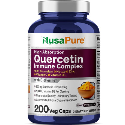 NusaPure Quercetin Complex: Bromelain, Vitamin C, Vitamin D3, Stinging Nettle, Zinc | 200 Veggie Caps (Non-GMO, Bioperine) - Maple Wellness Supplements