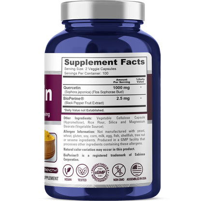 NusaPure Quercetin - Suitable for Vegetarian/Vegan, Non - GMO - 1000 mg - 200 Capsules - Maple Wellness Supplements