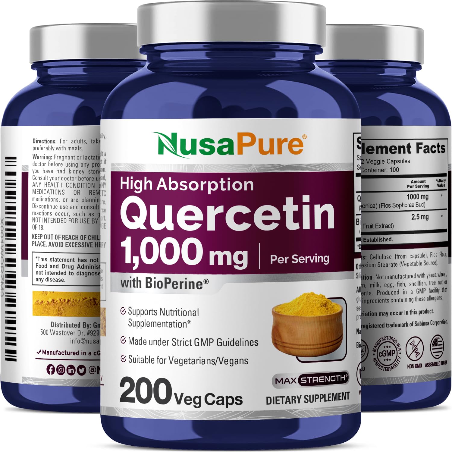 NusaPure Quercetin - Suitable for Vegetarian/Vegan, Non - GMO - 1000 mg - 200 Capsules - Maple Wellness Supplements