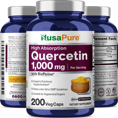 NusaPure Quercetin - Suitable for Vegetarian/Vegan, Non - GMO - 1000 mg - 200 Capsules - Maple Wellness Supplements