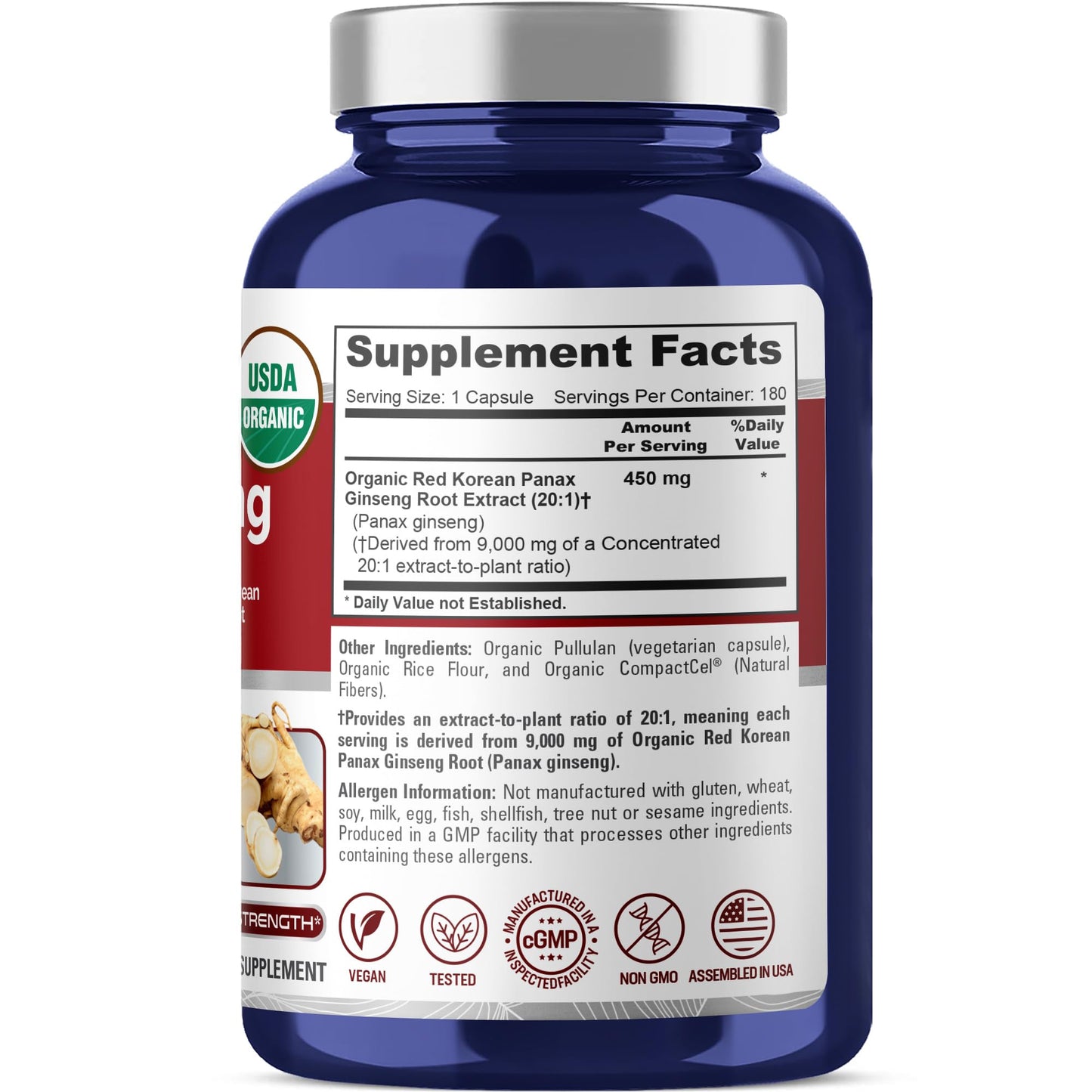 NusaPure Red Korean Panax Ginseng 20:1 Extract, 450 mg Equivalent to 9,000 mg 180 Veggie Caps (USDA Organic, Non-GMO, Vegan, Vegetarian, Bioperine) - Maple Wellness Supplements