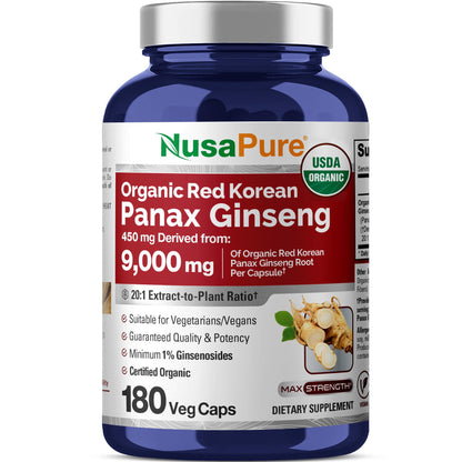 NusaPure Red Korean Panax Ginseng 20:1 Extract, 450 mg Equivalent to 9,000 mg 180 Veggie Caps (USDA Organic, Non-GMO, Vegan, Vegetarian, Bioperine) - Maple Wellness Supplements
